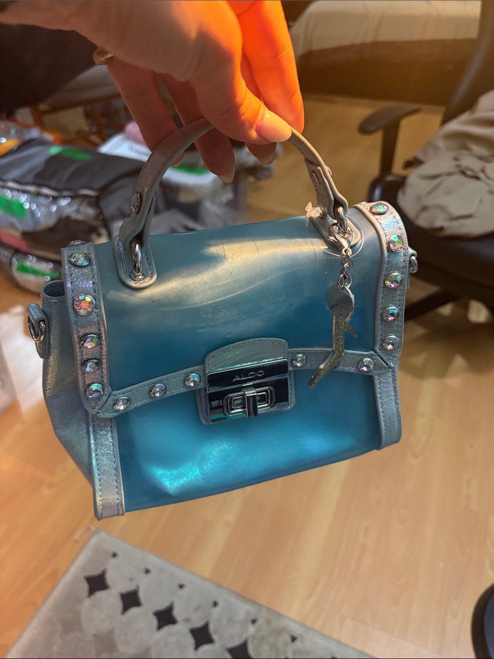 ALDO Teal Mini Top-Handle Bag with Crystal Studs- Cinderella X Aldo